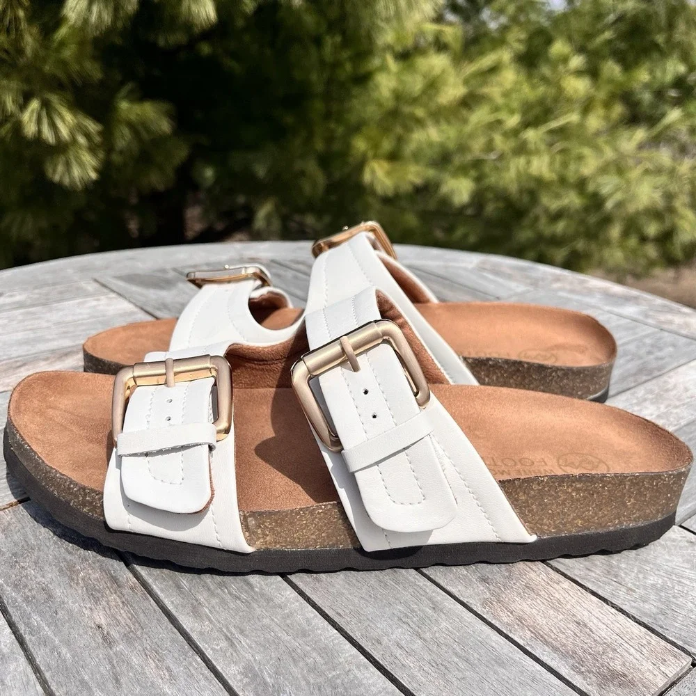 White Mountain Griffin Sandal Wmns Size 9 White Leather Double Strap Buckle Cork